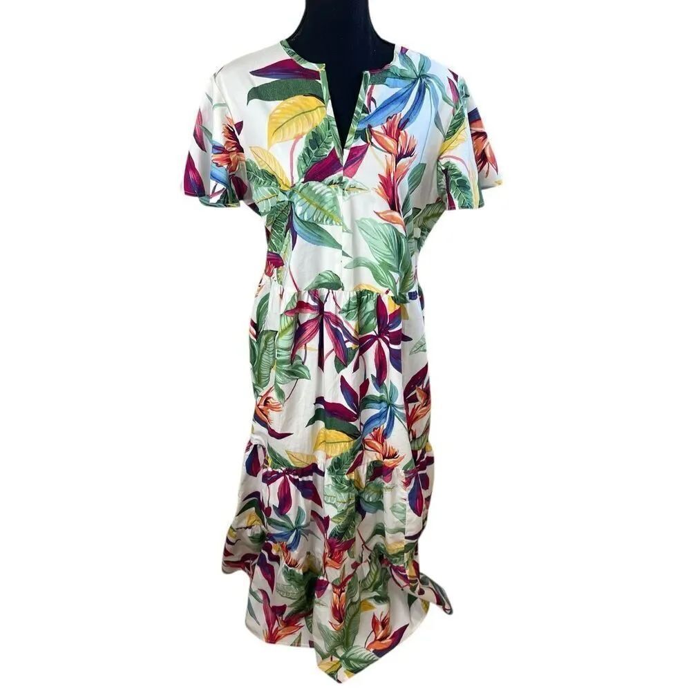 CHICO'S 2 Women 12 Maxi Dress Resort Tropical Floral Tiered 100% Pima Cotton